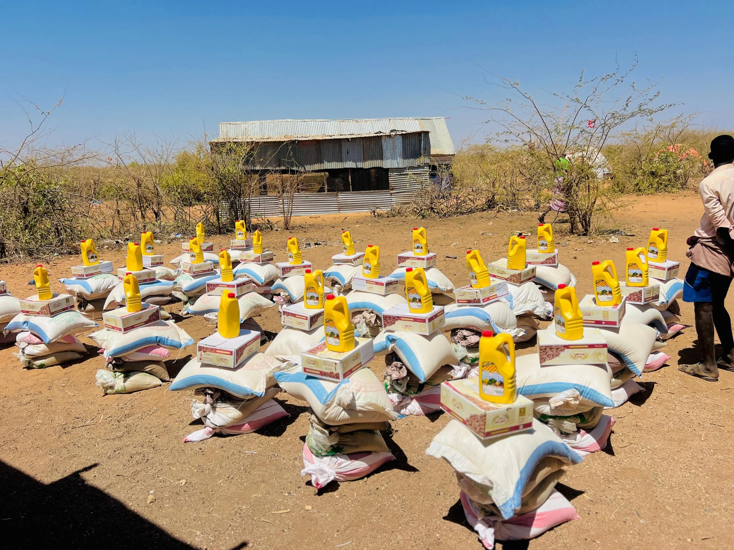 Stacks of food supplies provided by the Awale foundation