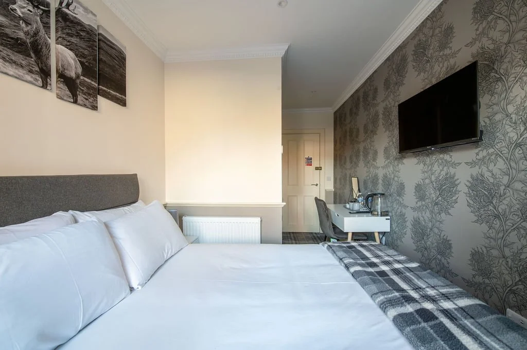 A modern hotel room featuring a bed with white bedding, a television mounted on a wall with a patterned wallpaper, a small desk with a chair, a mirror, a kettle, and a coffee setup, with wall art of a barn animal hung above the bed.