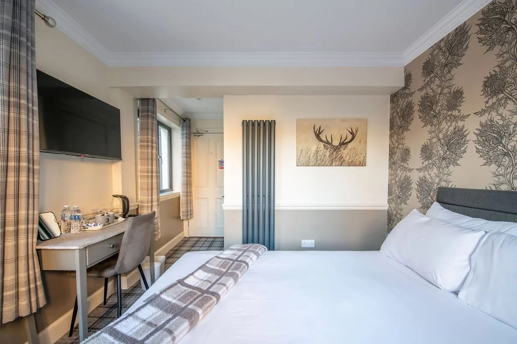 Hotel room with a bed, wall art of a deer, radiator, television, desk with water bottles, and windows with plaid curtains.