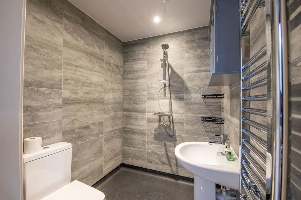 A modern bathroom with gray tiled walls, a white toilet with a roll of toilet paper, a white sink with liquid soap bottles, a wall-mounted shower with a hose, and a heated towel rack.