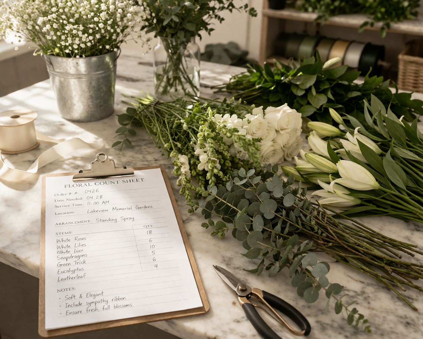 A floral arrangement workspace with various white flowers, greenery, and floral supplies, including a clipboard with a floral count sheet and floral shears.