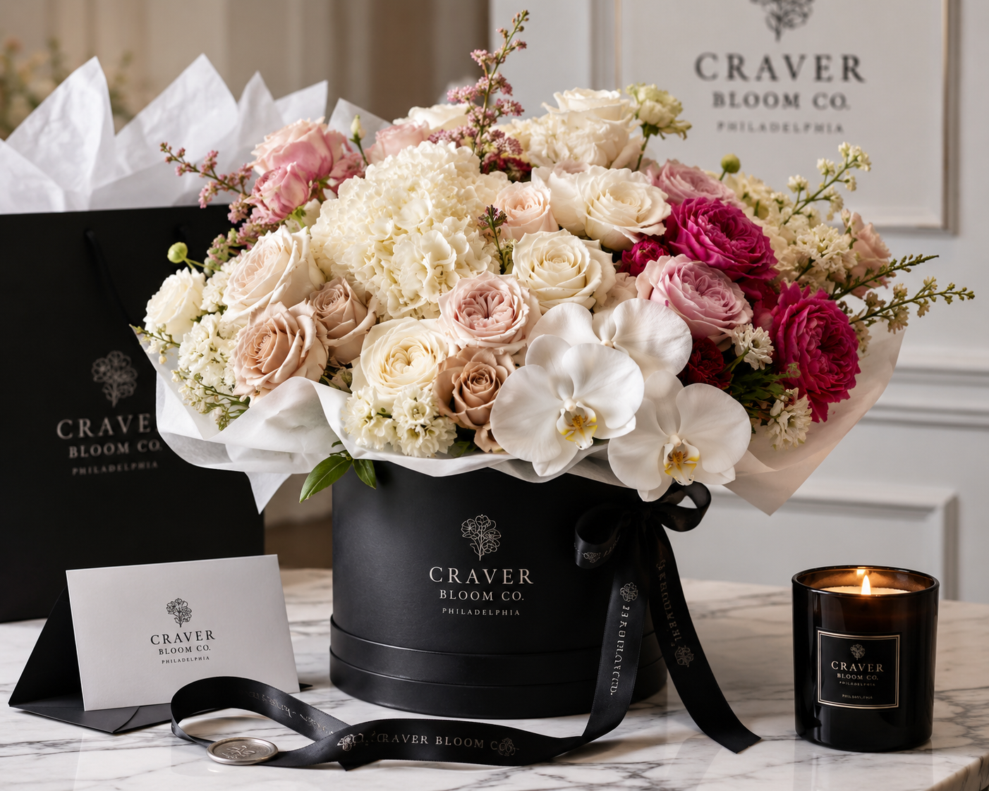 A large bouquet of assorted pink, white, and cream flowers in a black box from Craver Bloom Co., with a candle, business card, and gift bag on a marble surface.