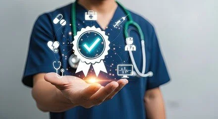 Medical professional in scrubs holding a digital interface with healthcare icons and a checkmark.