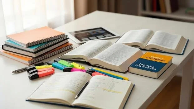 Study desk with open books, notebooks, highlighters, pens, and a tablet in a well-lit room.