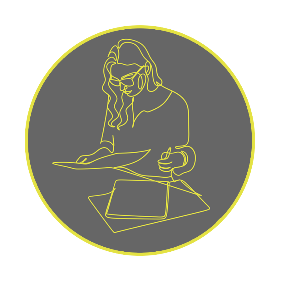 Neon light outline of a woman writing at a desk, wearing sunglasses, with windows behind her, on a dark round background.