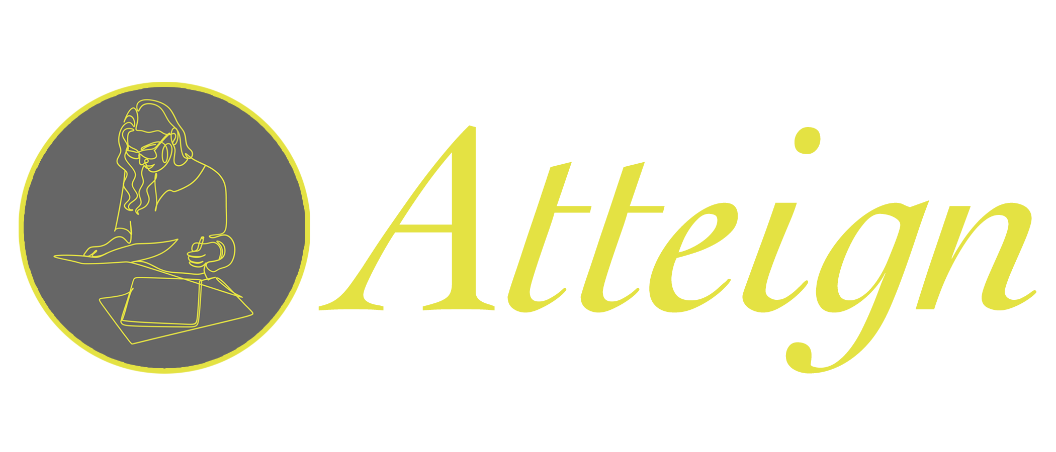 Logo with a grey circle containing a line drawing of a woman with sunglasses, reading a paper, and holding a pen, next to the word "Atlèyan" in yellow stylized font.