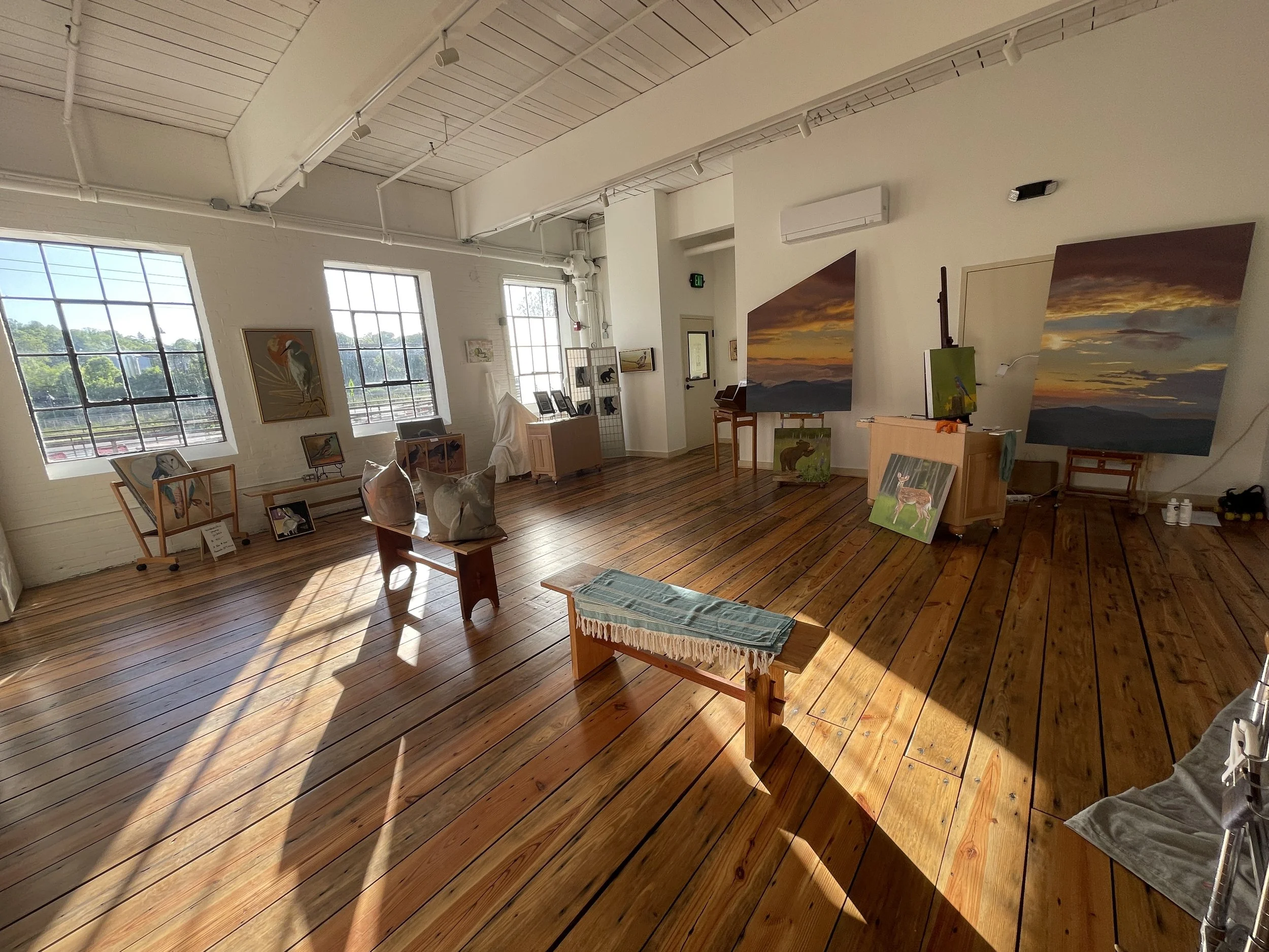 Asheville Fine Art Gallery working studio filled with light and openness for artists to work on their original paintings and greet visitors