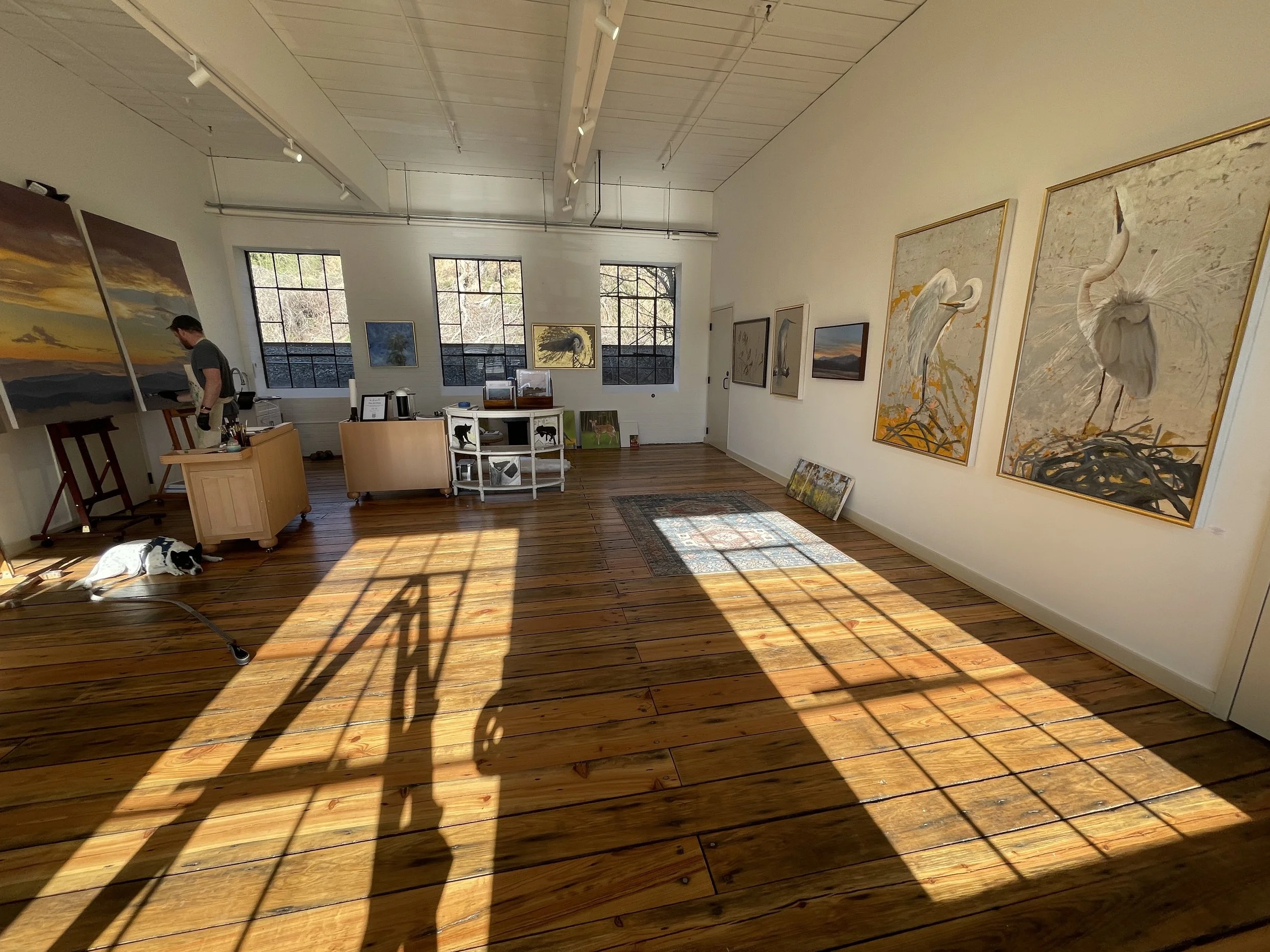 Asheville Fine Art Gallery studio space, featuring fine artist Jonathan Bidwell as he works on a naturalistic realism oil painting triptych commission