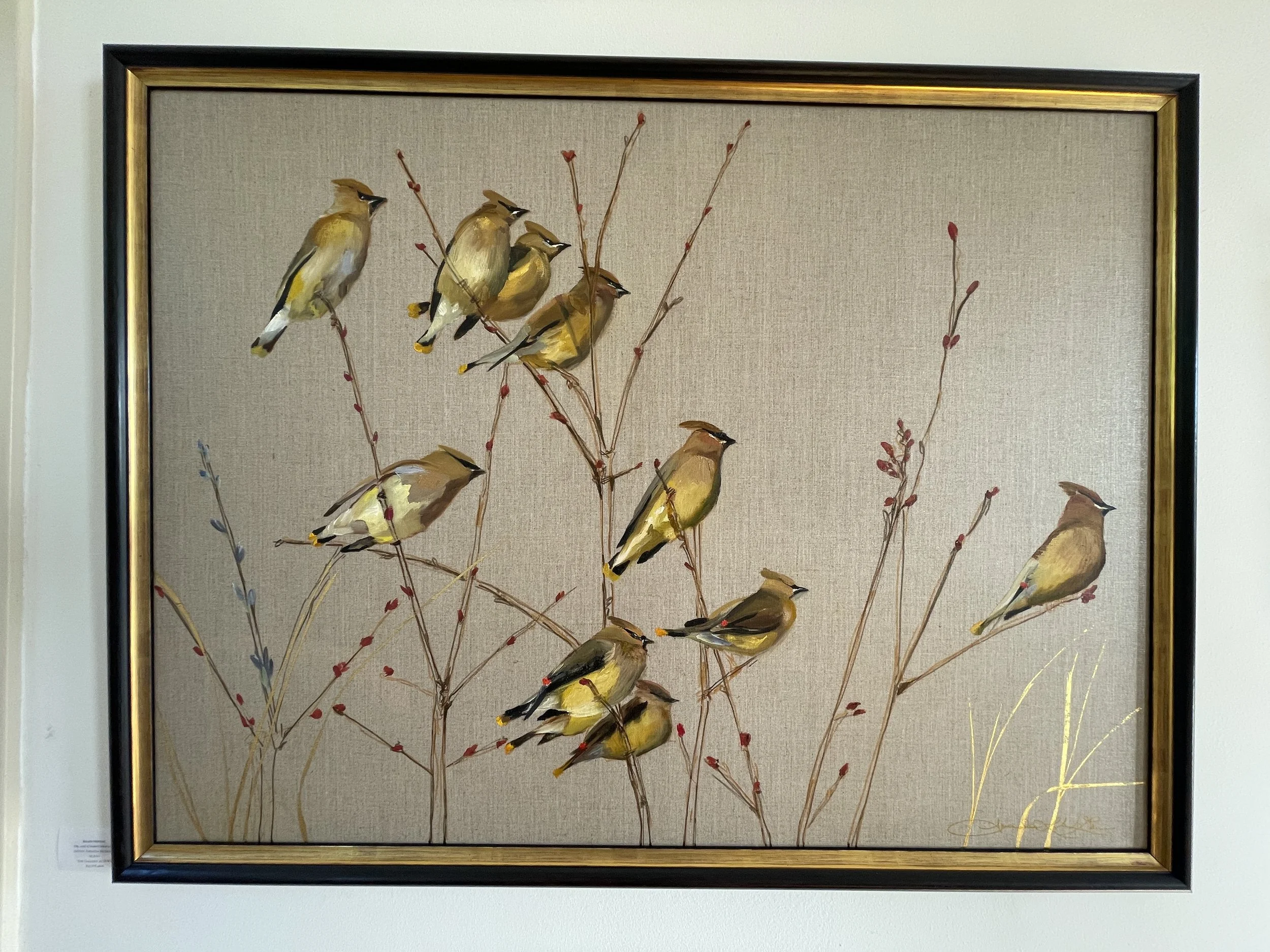 Fine artist Amanda McLenon's original oil painting of cedar waxwing birds on linen with 23 karat gold leaf accents