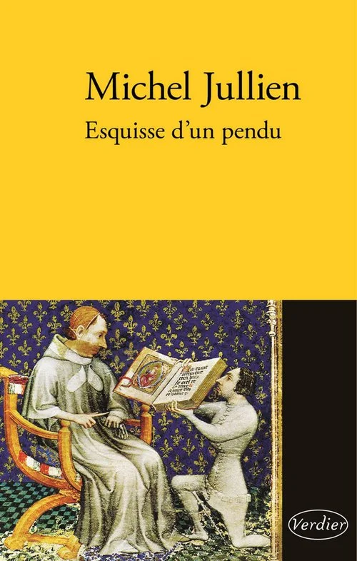 Couverture de livre montrant un homme assis dans une chaise, lisant un livre, avec un enfant qui pointe le livre vers lui, dans un décor médiéval ou historique