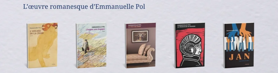 Cinq livres empilés verticalement sur une surface blanche, avec un texte en haut qui dit "L'œuvre romanesque d'Emmanuelle Pol"