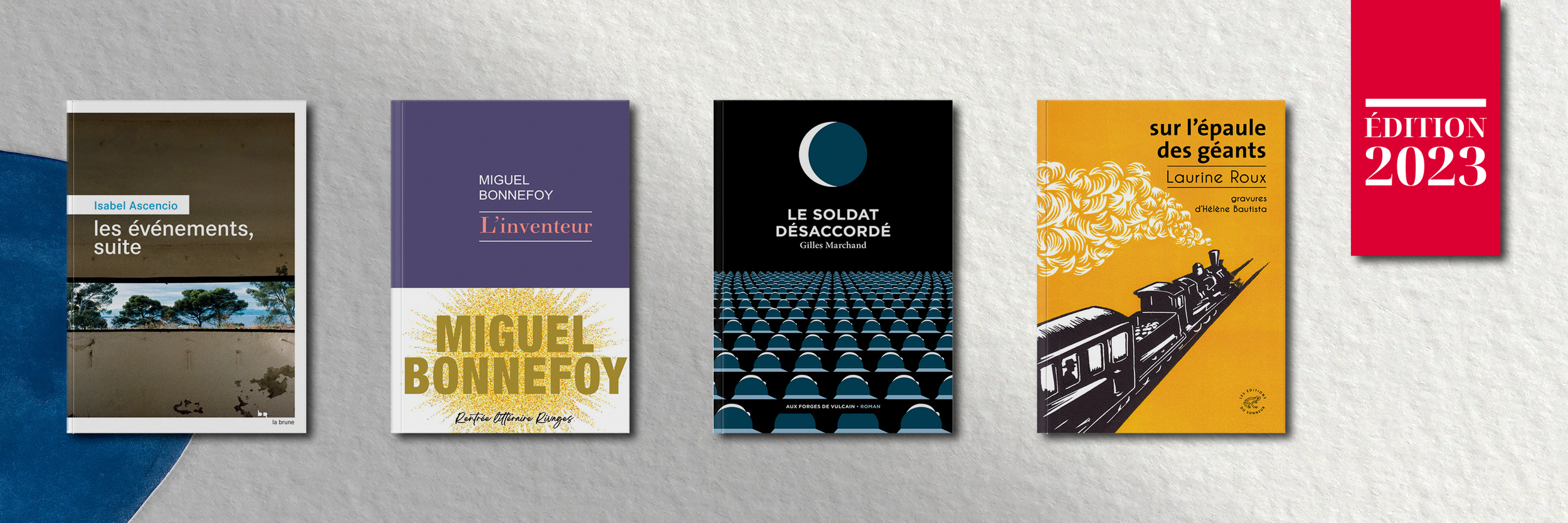Cinq livres avec des couvertures colorées alignés sur une surface grise, accompagnés d'un panneau rouge avec 'ÉDITION 2023' écrit dessus.