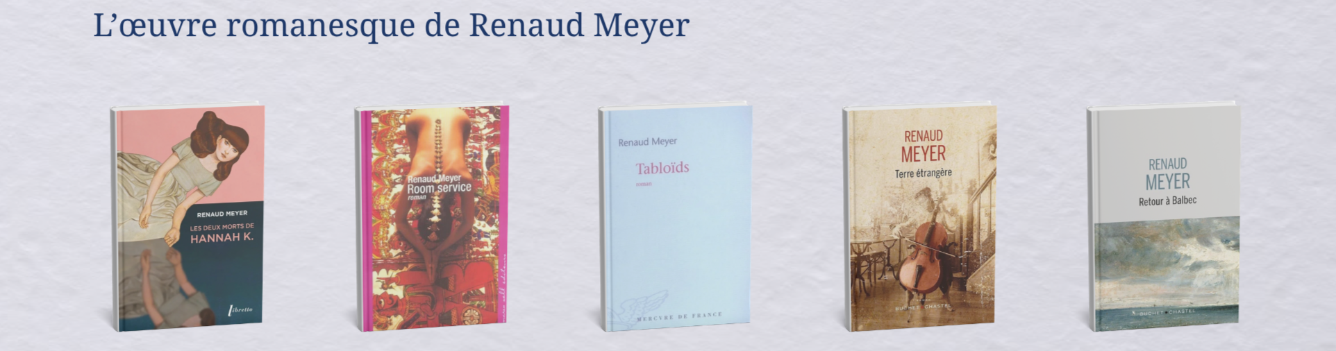 Cinq livres de Renaud Meyer alignés sur une surface, avec un fond gris clair. Les titres visibles sont "Les deux morts de Hannah K.", "Room service", "Tabloïdes", "Terre étrangère" et "Retour à Balbec".
