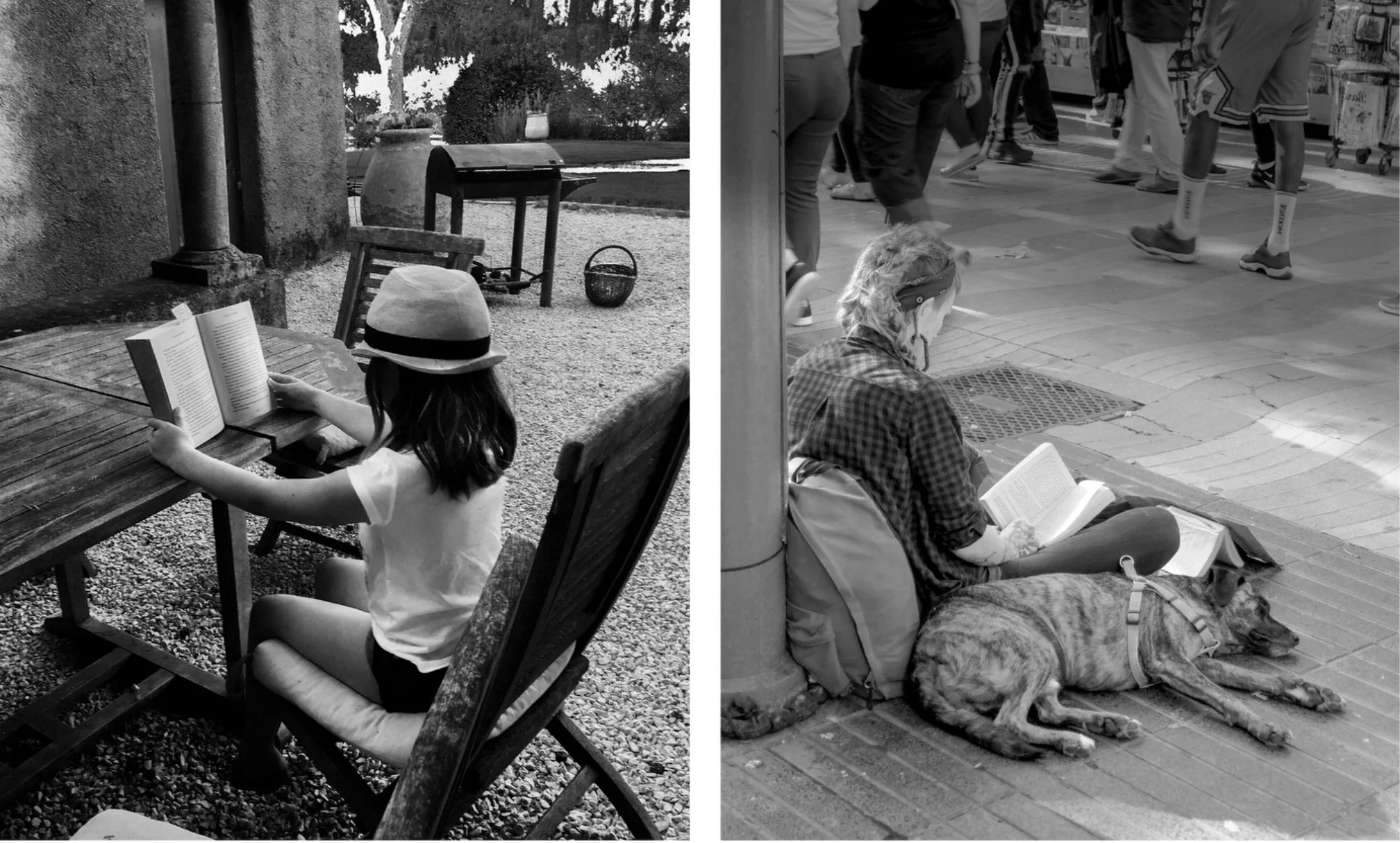 Deux femmes lisent des livres dans des lieux publics différents, l'une à l'extérieur dans un cadre de jardin et l'autre dans une rue piétonne.