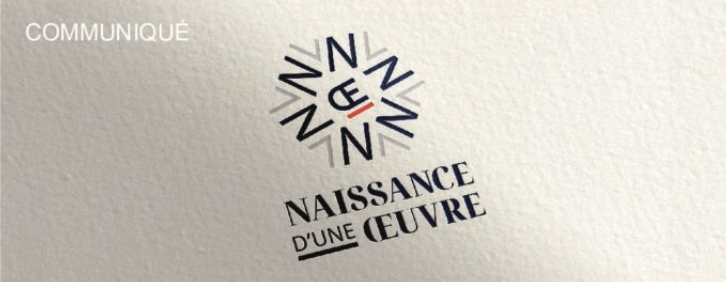Un logo avec le texte 'COMMUNIQUÉ', un symbole rotatif avec les lettres 'L' et 'E', et le texte 'NAISSANCE D'UNE OEUVRE' en dessous.