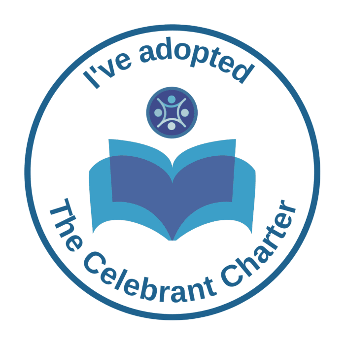 A circular logo with the text "I've adopted The Celebrant Charter" around a stylized open book and an icon of three people holding hands.