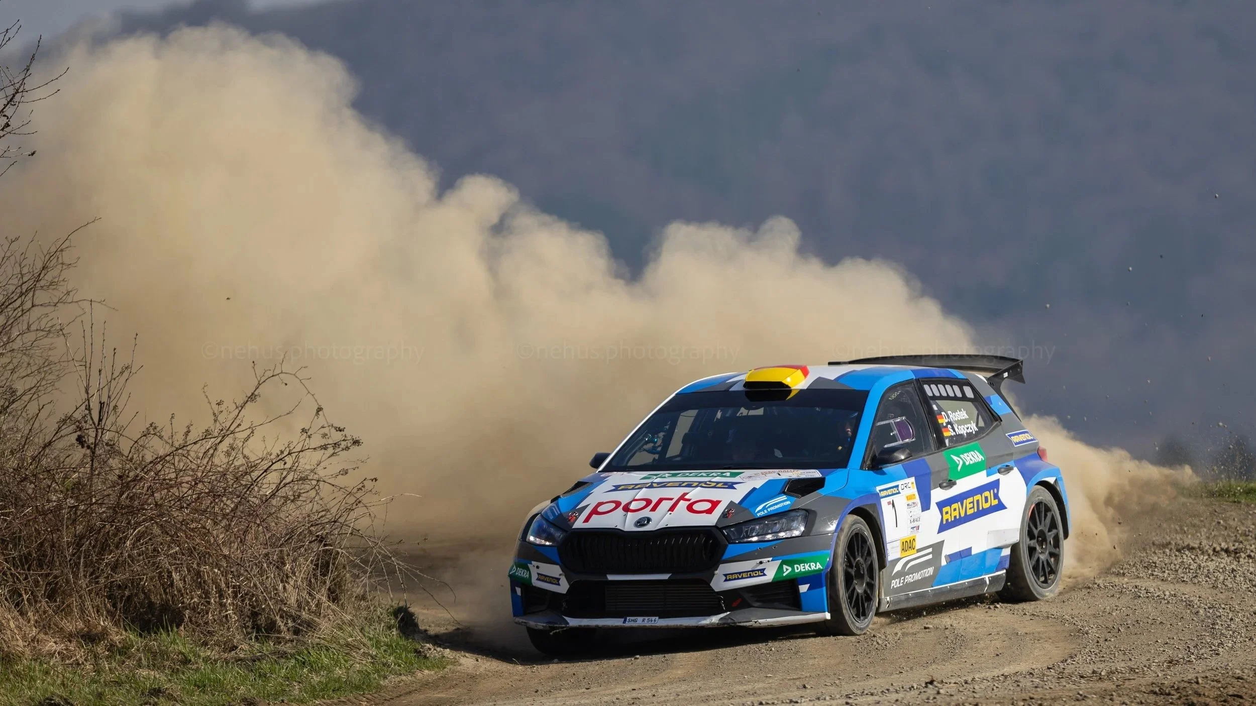 A blue and black rally car speeding on a dirt road, kicking up dust with leafless bushes on the left side.