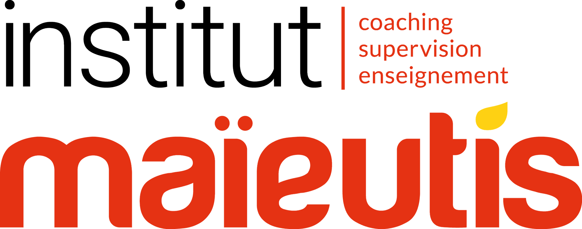 Logo de l'Institut de formation au coaching Maïeutis en rouge avec une feuille jaune au-dessus du 's', avec les mots 'coaching supervision enseignement' en rouge à droite.