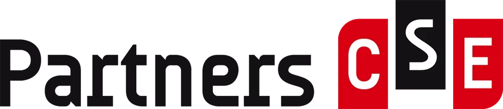 Logo de Partners CSE avec des lettres en blanc dans des blocs rouges et noirs.