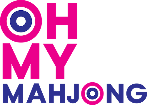 Stylized text reading "OH MY MAHJONG" with circular Mahjong tile icons, pink and blue color scheme.
