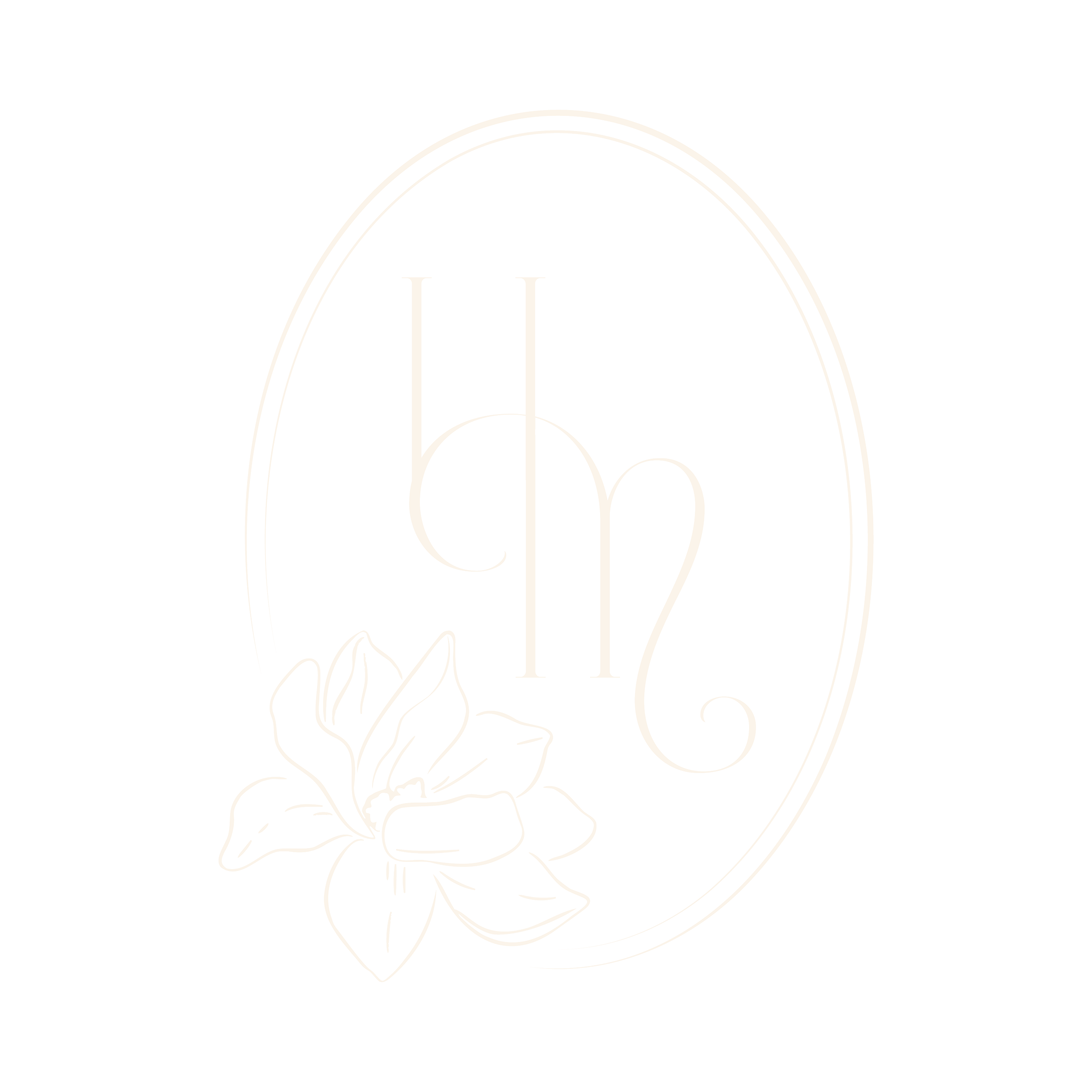 Black background with a white outline oval shape, containing stylized initials 'h' and 'm' in the center, and a white flower illustration at the bottom left of the oval.