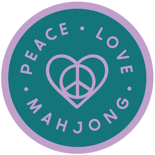 A circular emblem with a teal background and purple border displaying the words 'PEACE, LOVE, MAHJONG' around a heart-shaped peace symbol in the center.