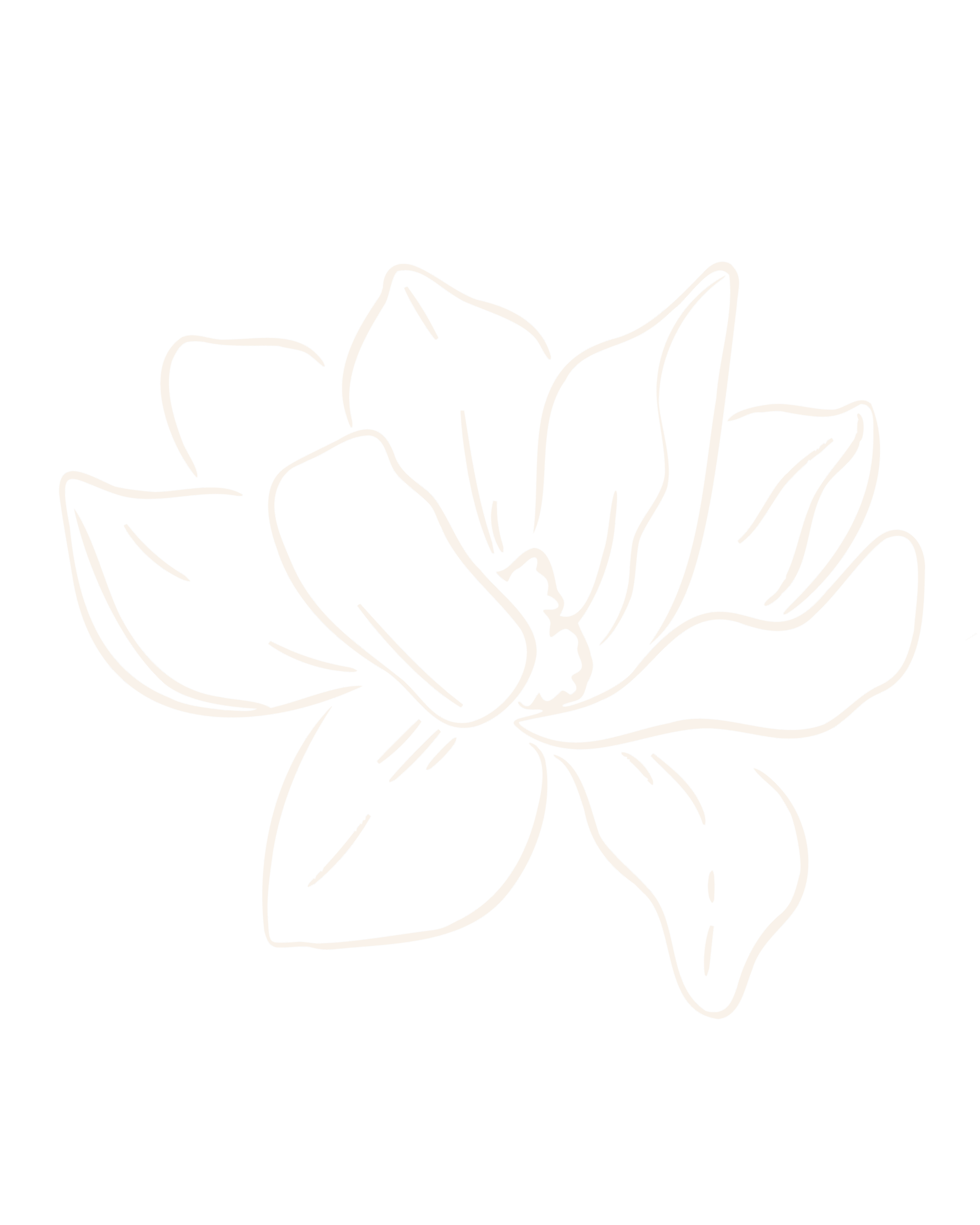 Outline drawing of a flower with petals and leaves on a black background.