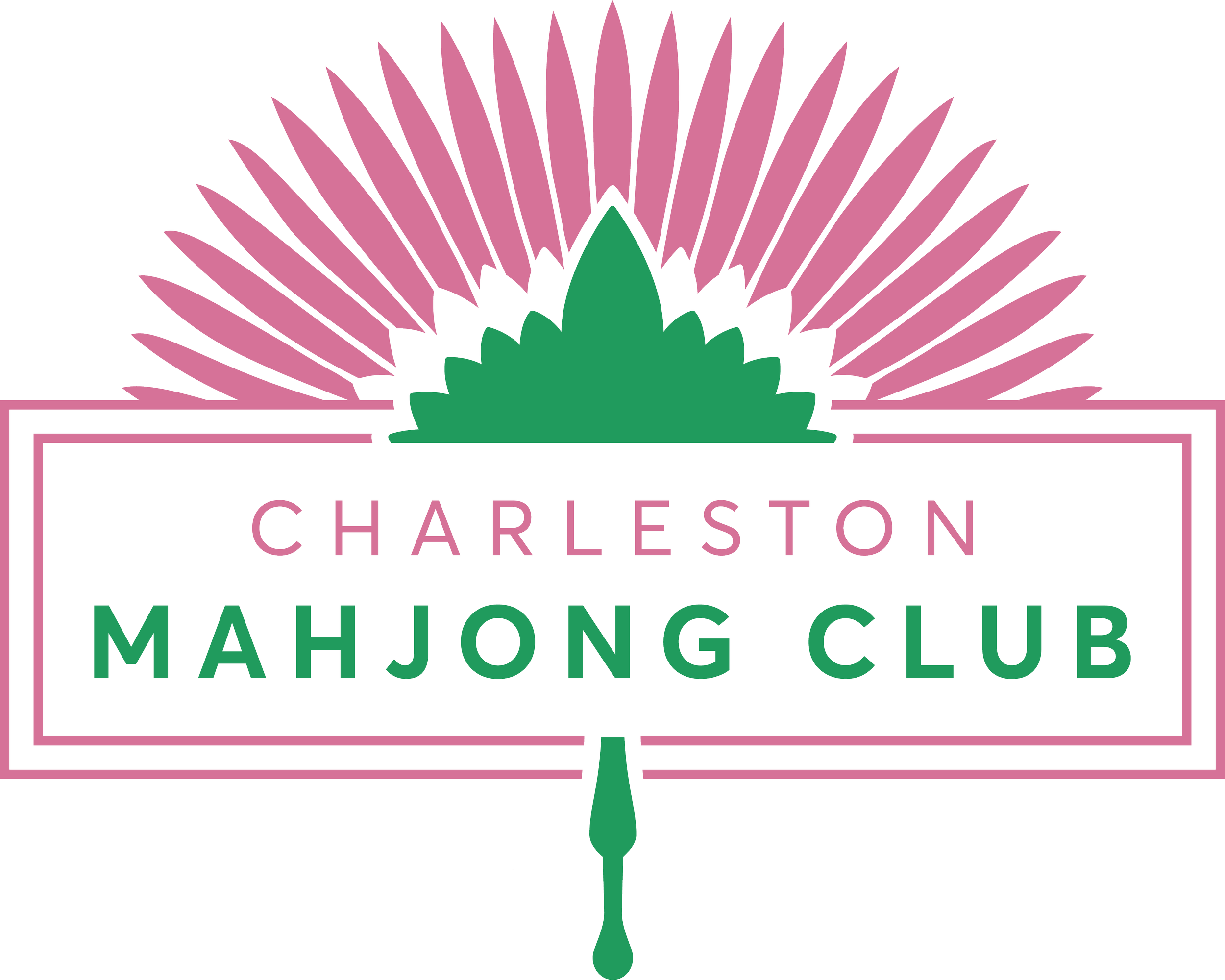 Logo for Charleston Mahjong Club featuring a stylized green and pink floral design with the club name in pink and green text.