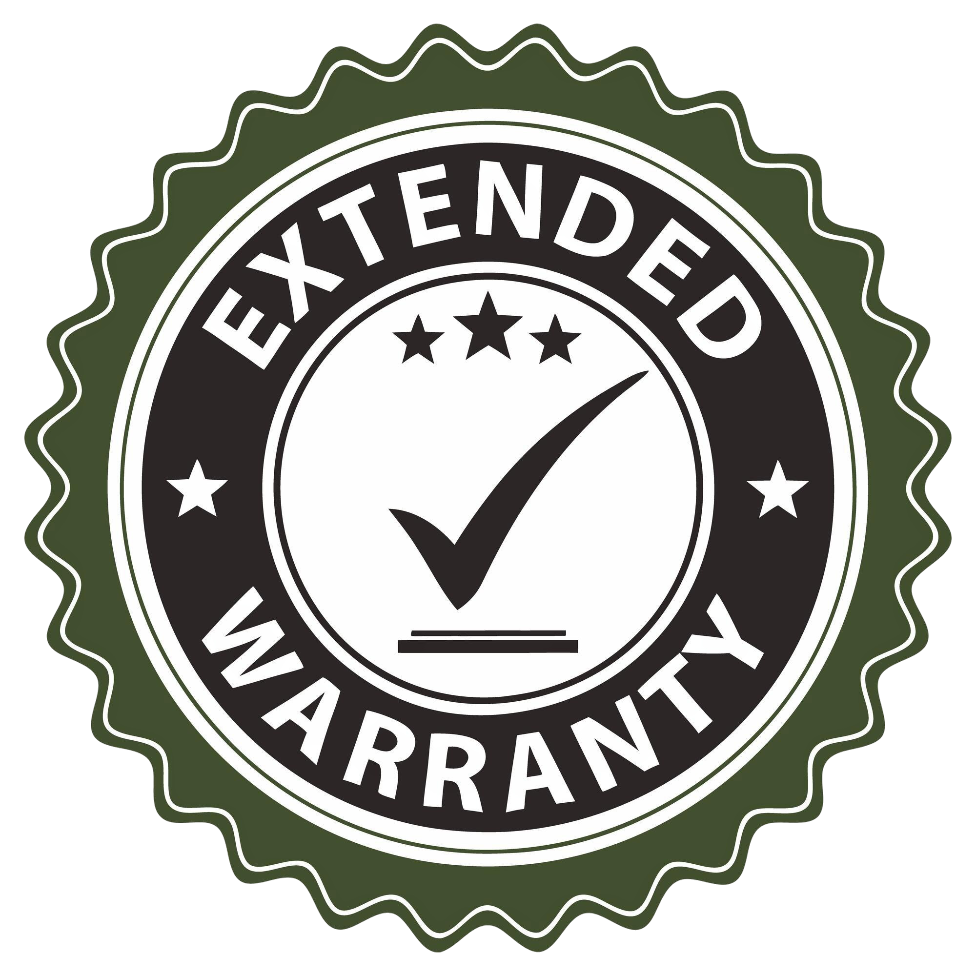 A circular badge with a green border and black and white interior, featuring a checkmark inside a circle, and text that reads 'Extended Warranty'.