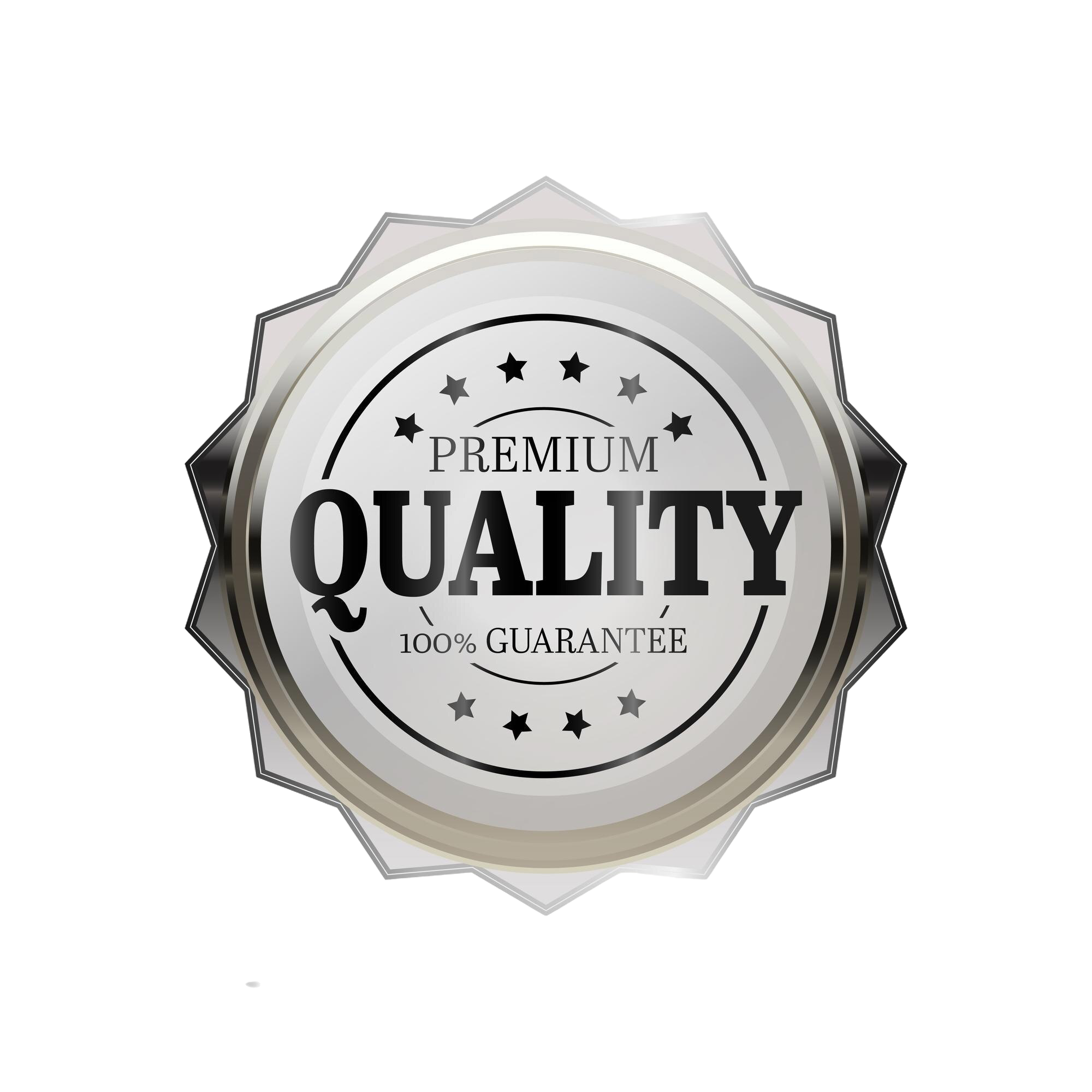 Silver badge with black text that reads 'Premium Quality 100% Guarantee' surrounded by stars.