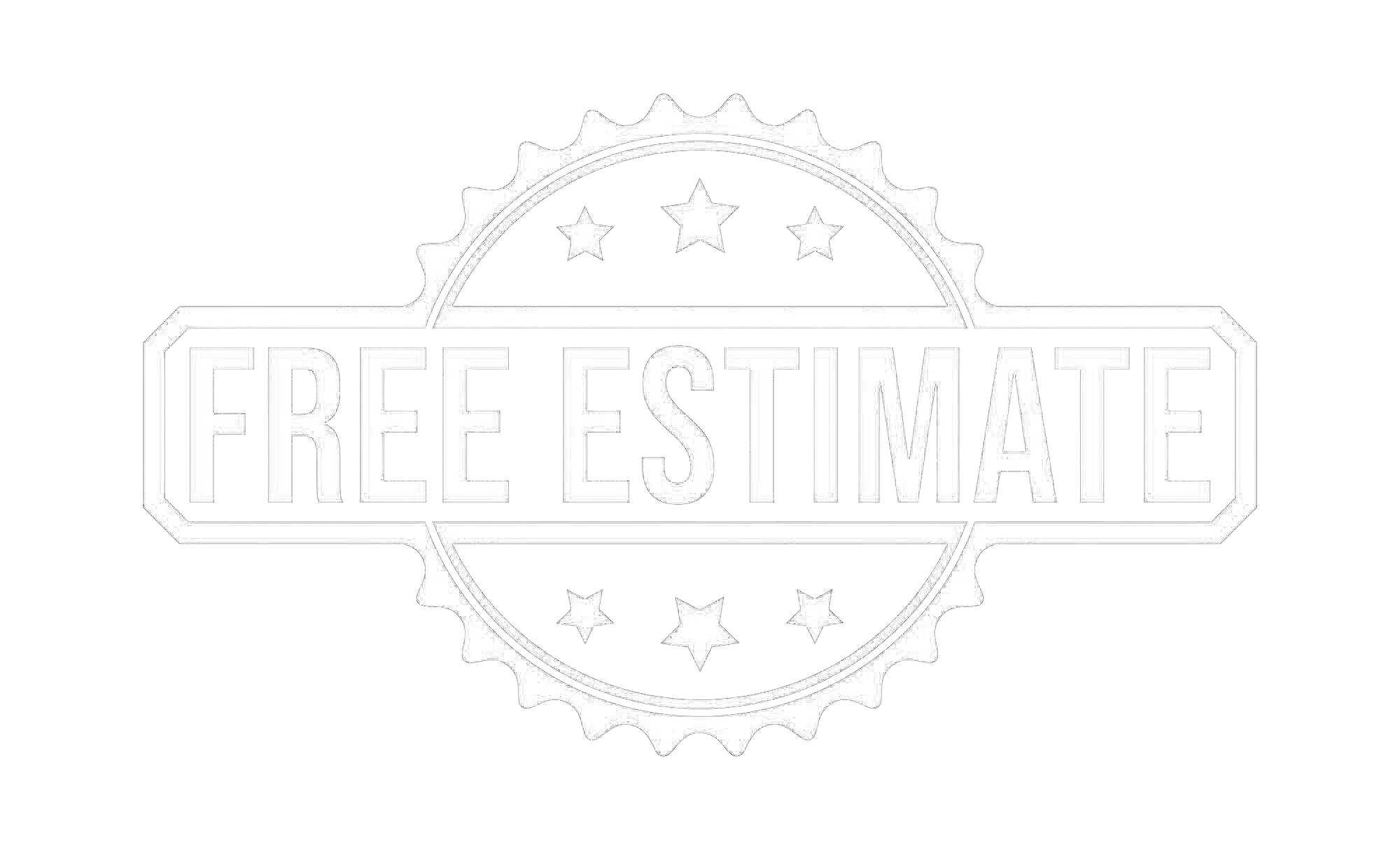 Black and white badge with the text 'Free Estimate' inside a circular, gear-like border, with five stars above and below.