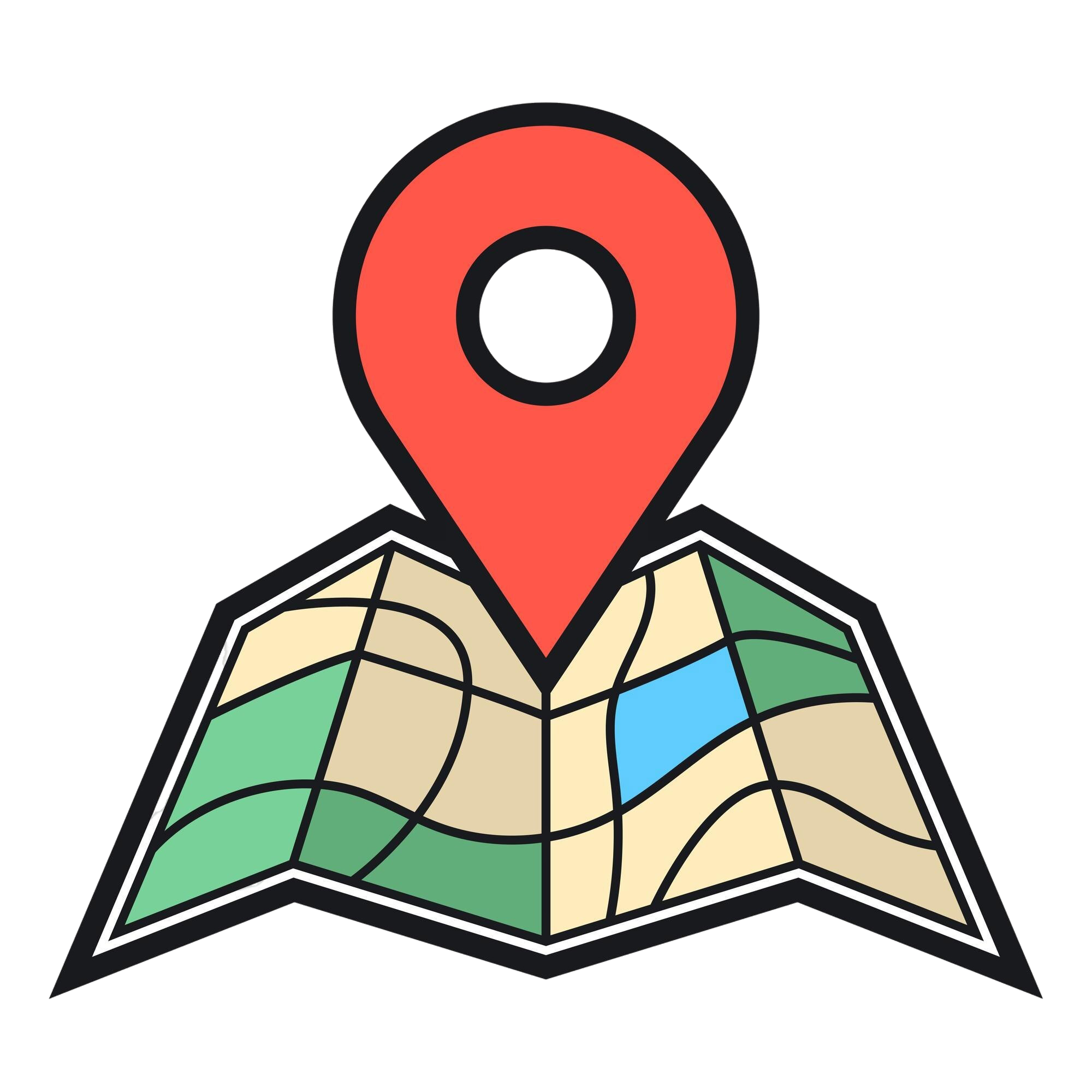 Icon of a folded map with green, beige, and blue sections, topped with a red location pin.