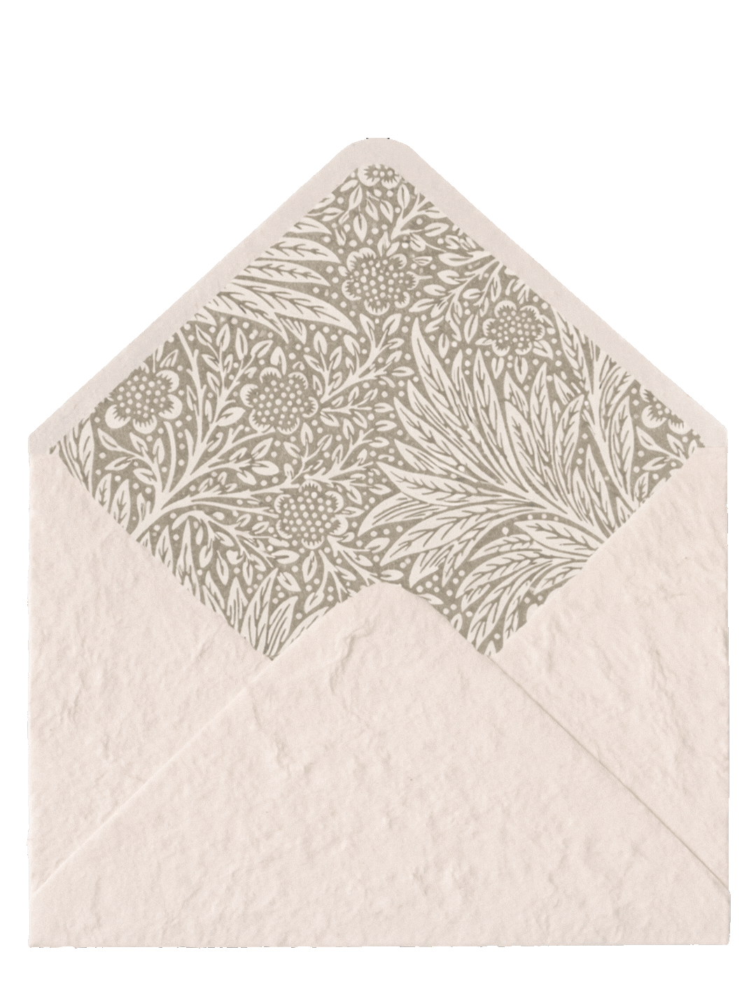 Close-up of a white textured envelope with a decorative inner lining featuring floral and leaf patterns in a light beige color.