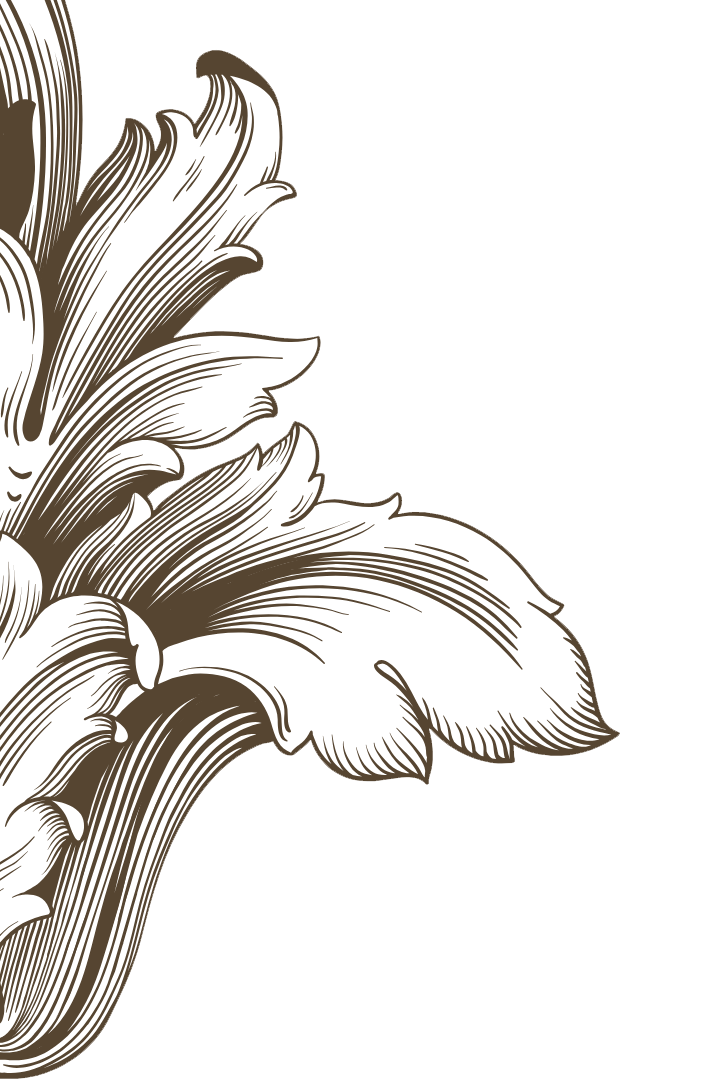 Ornate floral design with large leaves and flowing lines on a black background.