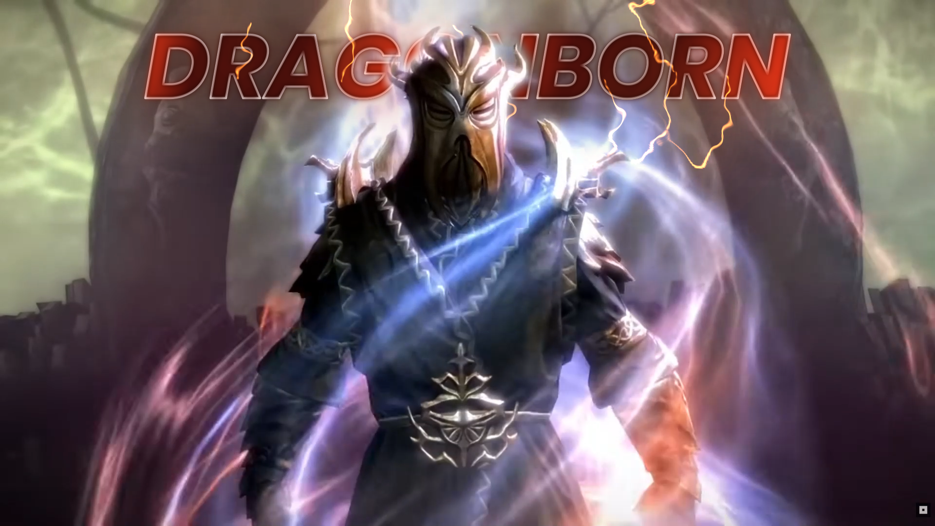 Ein dunkler Drache mit einem maskenartigen Gesicht, umgeben von Blitzen und magischer Energie, vor einem dunklen Hintergrund. Das Wort 'DRAGONBORN' ist in großen roten Buchstaben oben im Bild.