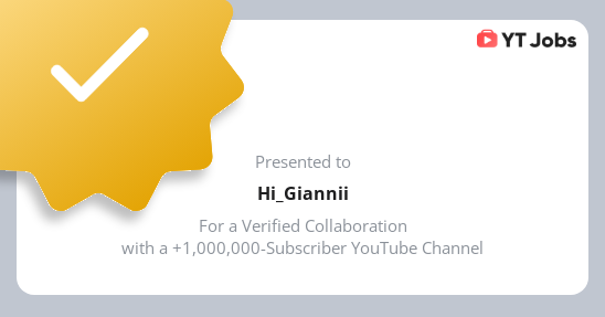 Zertifikat für Zusammenarbeit bei einem YouTube-Kanal mit über 1 Million Abonnenten, erhalten von YT Jobs