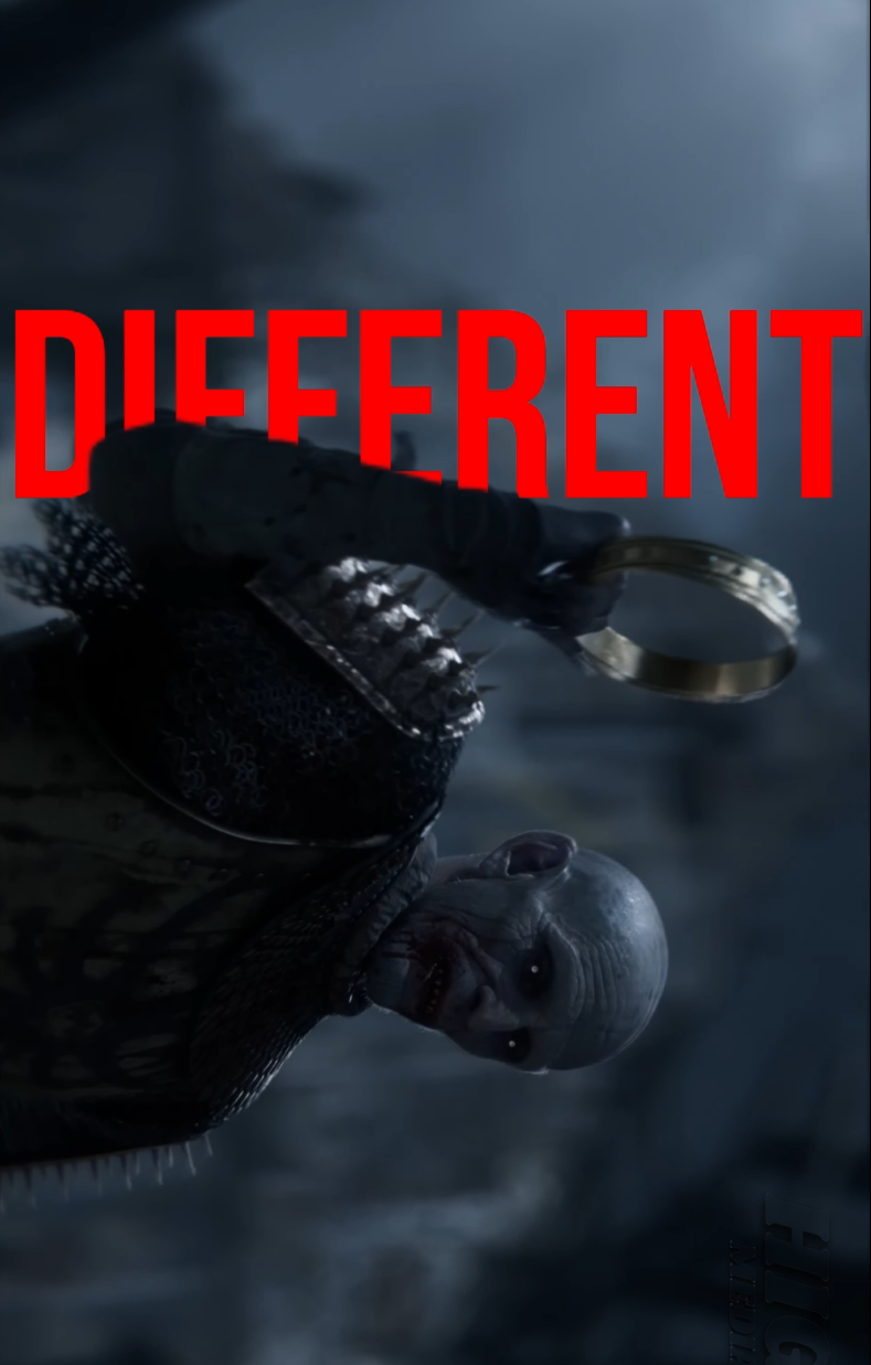 Ein schrecklicher, gehörnter Clown mit blassem Gesicht und blutigen Lippen hält einen goldenen Ring in der Hand. Im Hintergrund ist ein dunkler Himmel zu sehen. Der Text „DIFFERENT“ ist in großen roten Buchstaben über dem Bild. 