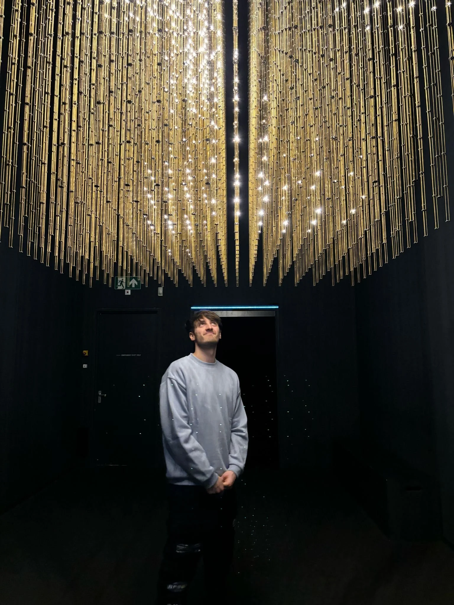 Junge Person steht vor einer großen goldenen, leuchtenden kinetischen Skulptur, die aus vielen goldenen Stäben besteht, die sich bewegt und schimmert.