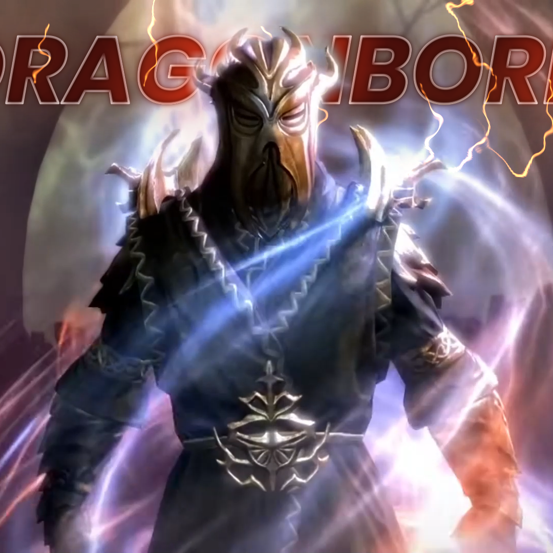Ein maskierter Charakter in dunkler Rüstung mit Blitzen und Energie, die ihn umgeben, mit dem Text 'DRAGONBORN' im Hintergrund.
