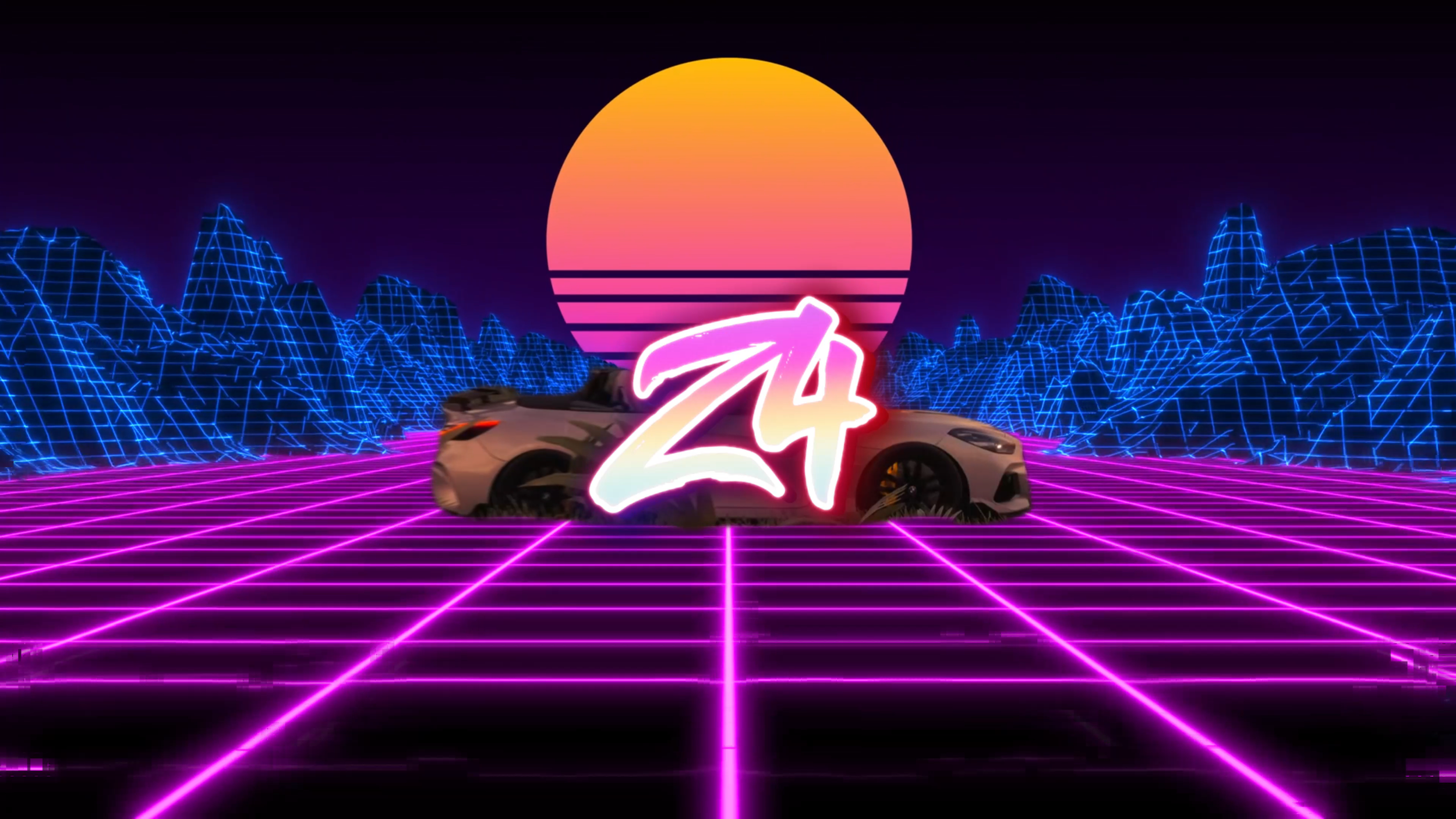 Retro-futuristische digitale Szenerie mit Lichterlinegrid, geometrischen Bergen, einem Sonnenuntergang im Hintergrund, einem Autosymbol, und einem neonfarbenen Schriftzug 'Z4' im Vordergrund.