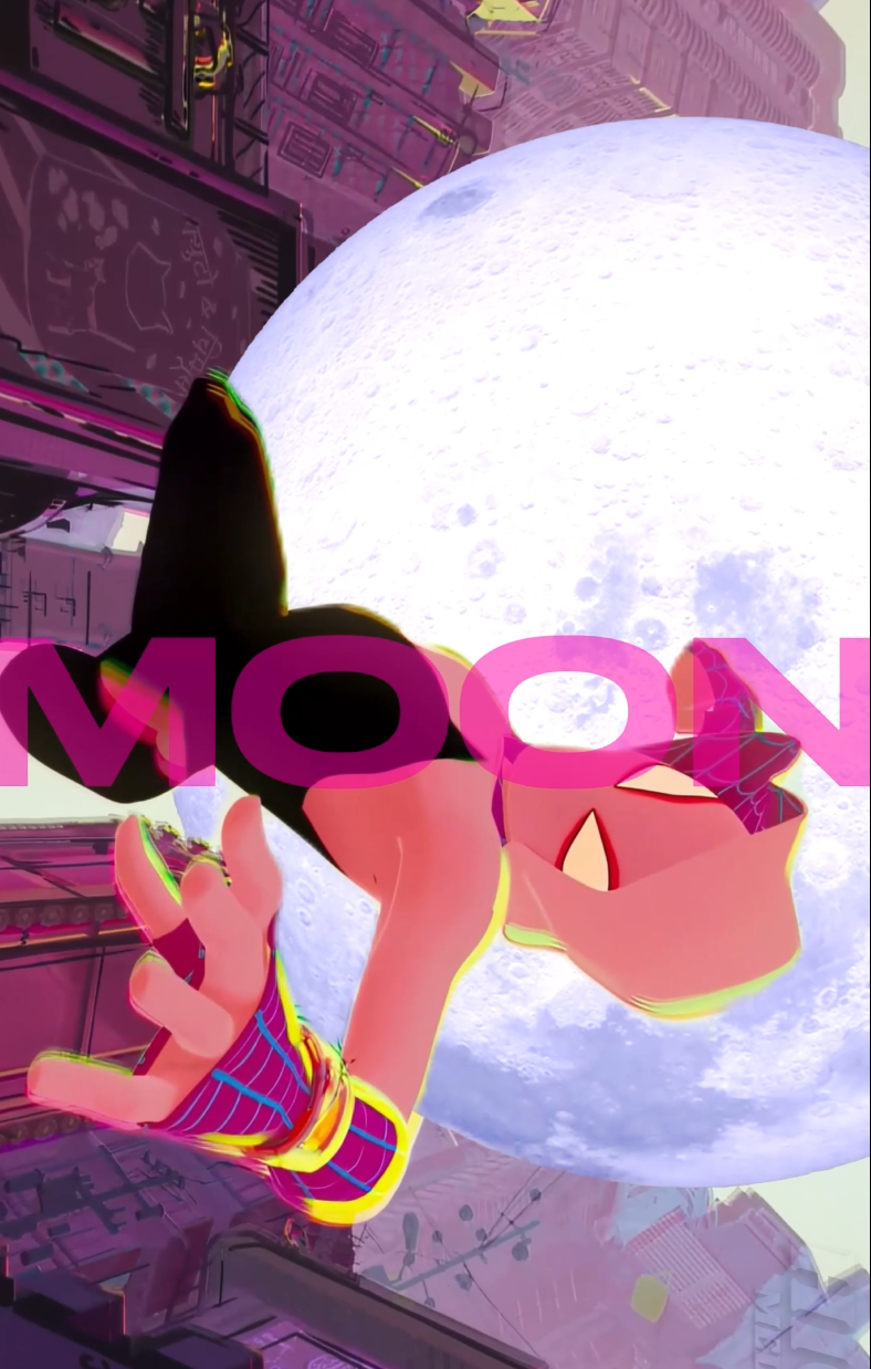 Eine animierte Figur, die eine rosa Sonnenbrille und ein kariertes Jackett trägt, sitzt auf einer Rakete vor einem großen Vollmond, umgeben von Neon-Lichtern und einer futuristischen Stadtlandschaft.