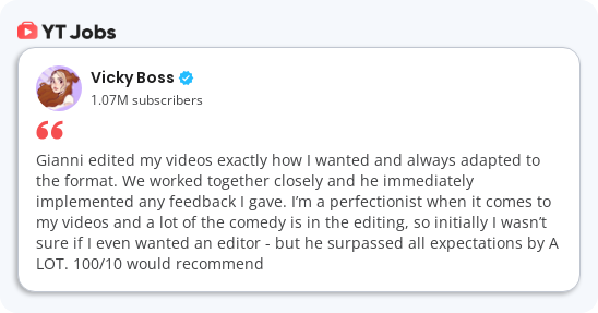 Screenshot eines YouTube-Kommentars von Vicky Boss, einer verifizierten Nutzerin, die über die Änderung ihrer Videos spricht und den Druck bei der Bearbeitung beschreibt.