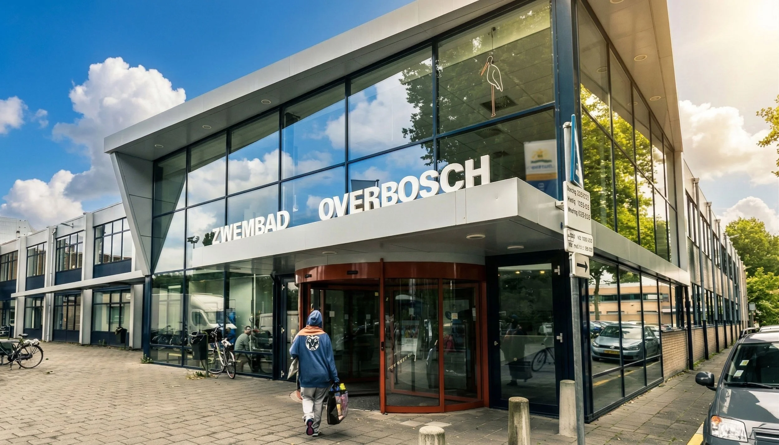 Het gebouw van Zwembad Overbosch met grote glazen ramen en een persoon die naar binnen loopt, omgeven door fietsen en geparkeerde auto's, onder een blauwe hemel met wolken.
