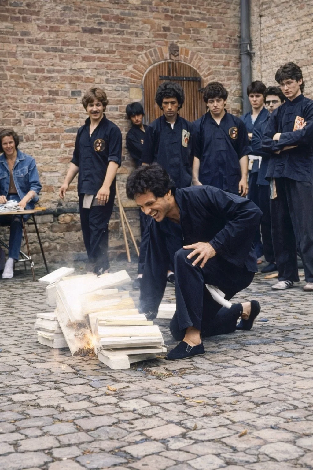 Een groep mensen in blauwe kleding die bij een openlucht evenement lachen en kijken terwijl een man in dezelfde kleding op de knieën een stapel witte stenen steekt met een vuur. Een vrouw zit rechts achter aan een tafel.