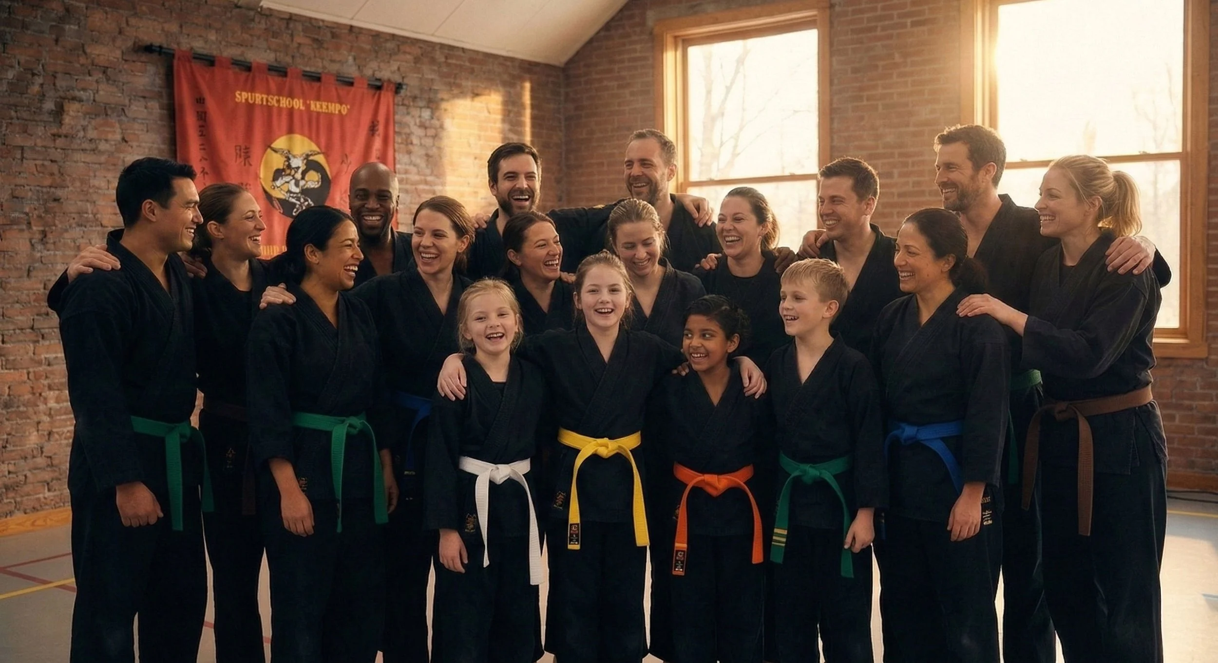 Een groep mensen in karate-uniformen staat in een dojo, lachen en omhelzen elkaar, met een sportschoolbanner op de muur.