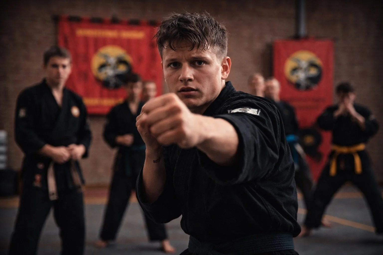 Man met korte haar en zwarte gi, voert een martialartstechniek uit in een dojo met andere beoefenaars op de achtergrond.