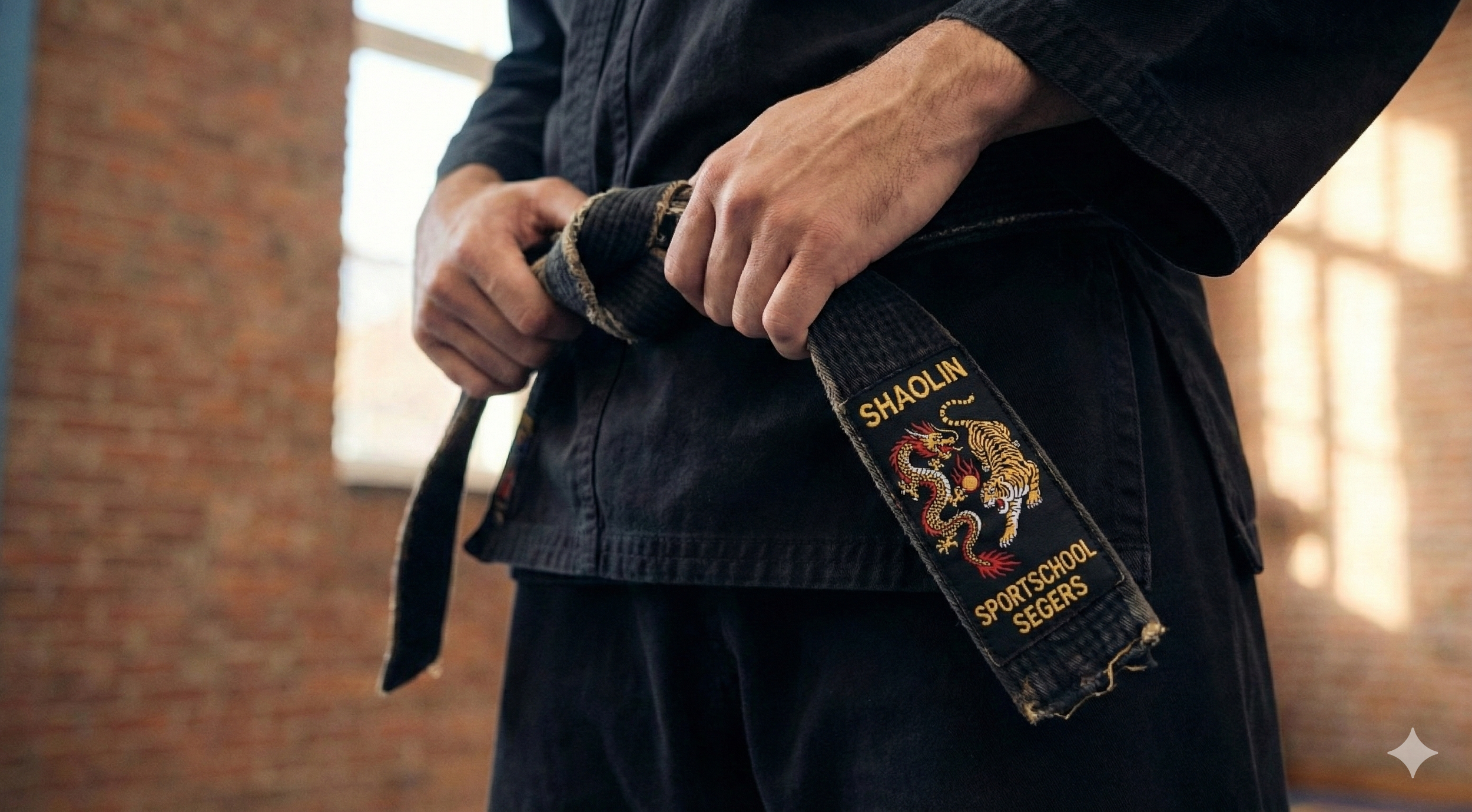 Persoon in een martial artsuniform die een zwarte band vasthoudt, op een achtergrond van een bakstenen muur. Op de band staat 'Shaolin Sportschool Segers' met een embleem van een leeuw en een tijger.