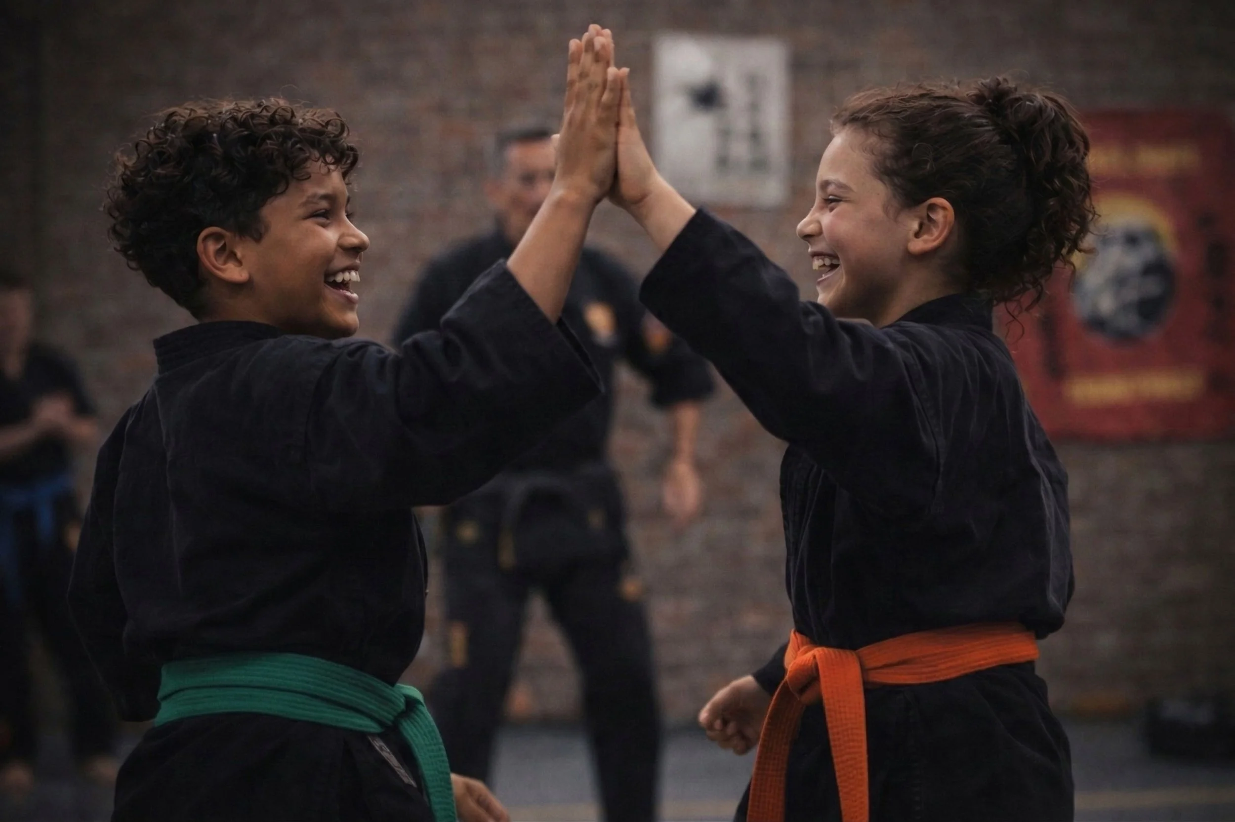 Twee kinderen in martial arts-outfits die elkaar high-fiven en lachen in een dojo.