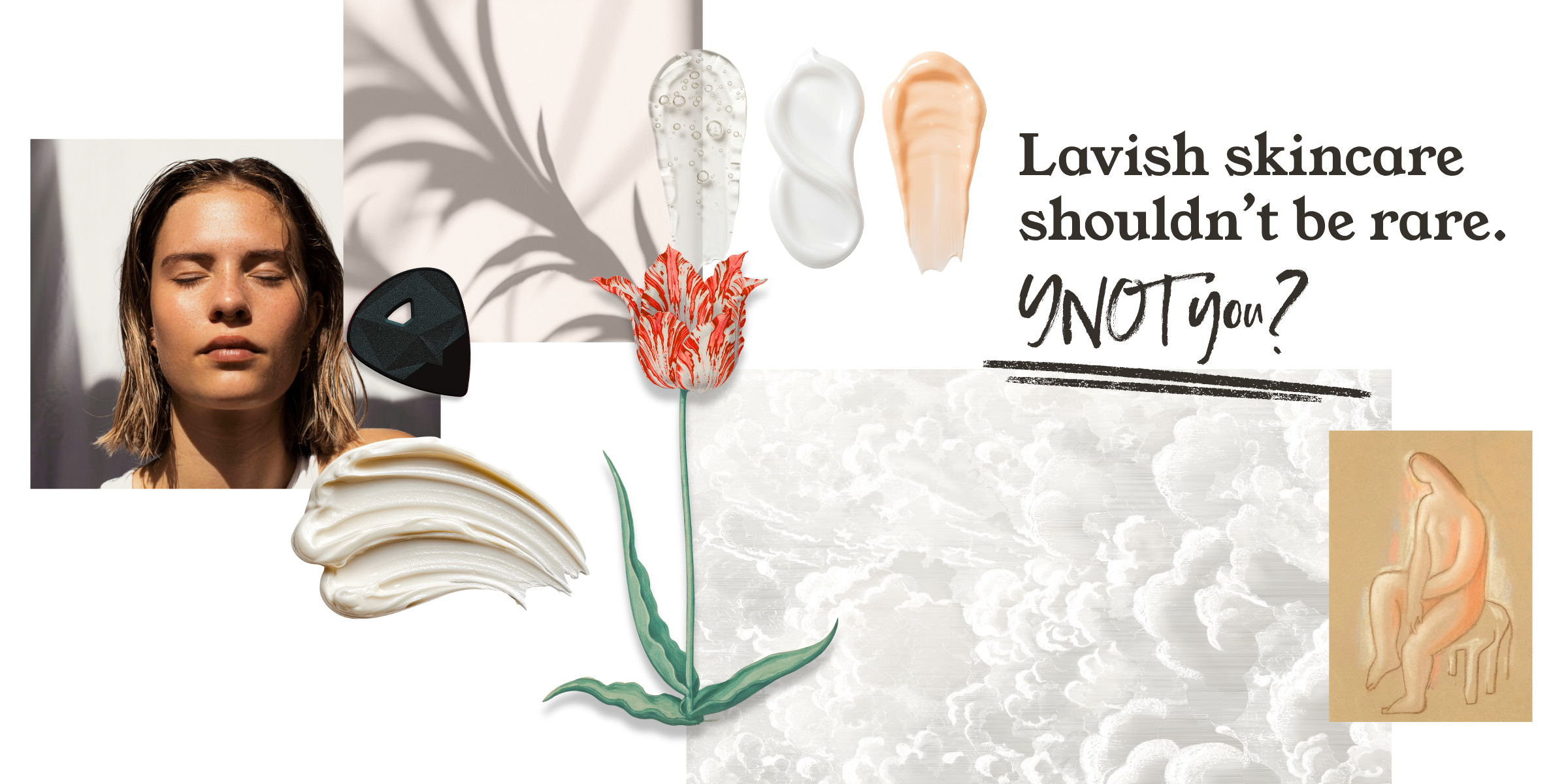 Collage of aesthetically beautiful images with lotions and gels to evoke the lavish skincare you'll find at YNOT Spa.