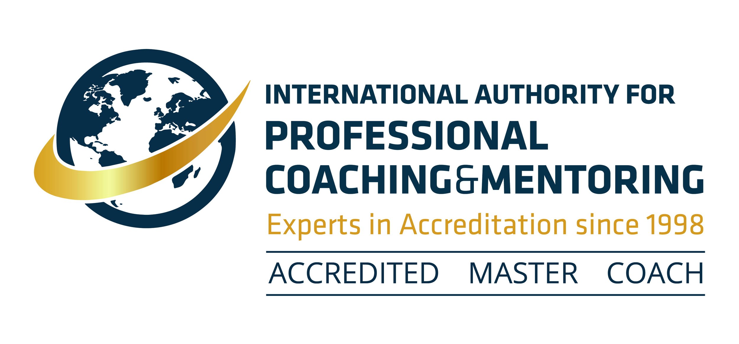 Logo of the International Authority for Professional Coaching & Mentoring, featuring a globe with a gold swoosh, and text indicating accreditation since 1998 and listing accreditation levels.